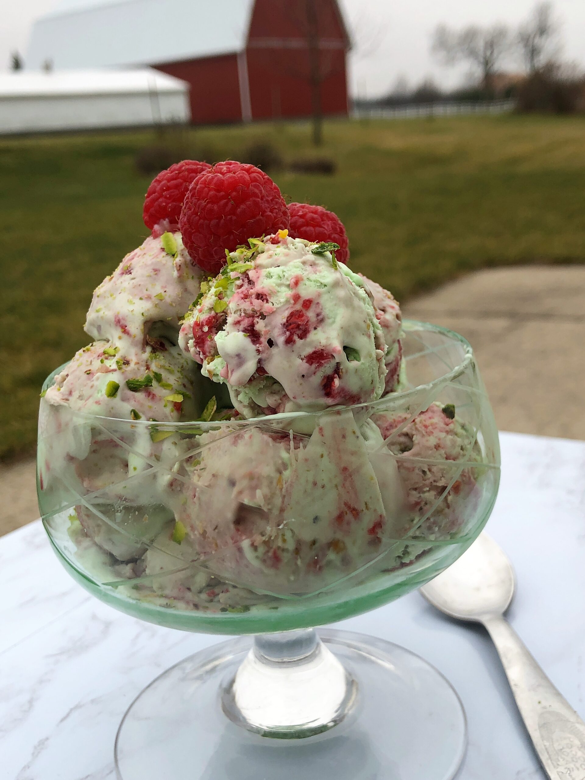 Pistachio Ice Cream with Raspberry Swirl Homemade Ice Cream (No Machine
